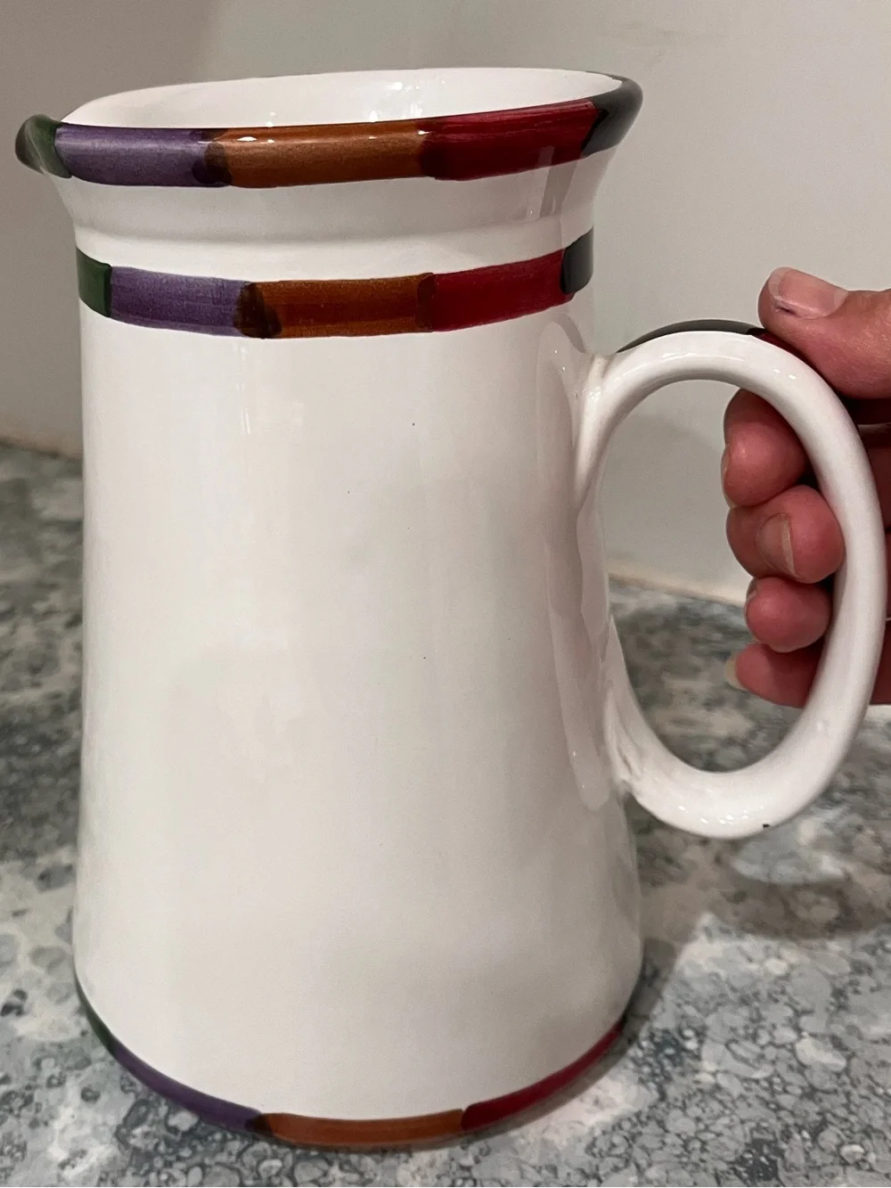 8” white pitcher. Circo by Bill Goldsmith for Deruta, Italy collection. Mint.